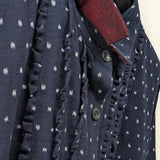 久留米絣　ブラウス　フリル　儀右エ門　小市松　紺/白