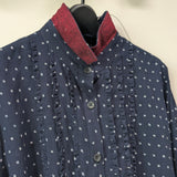 久留米絣　ブラウス　フリル　儀右エ門　小市松　紺/白